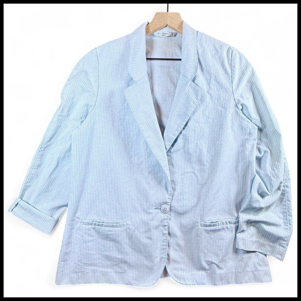 Vintage 80s Levi Strauss Blue Stripe Light Blazer Jacket Shoulder Pads Womens 16
